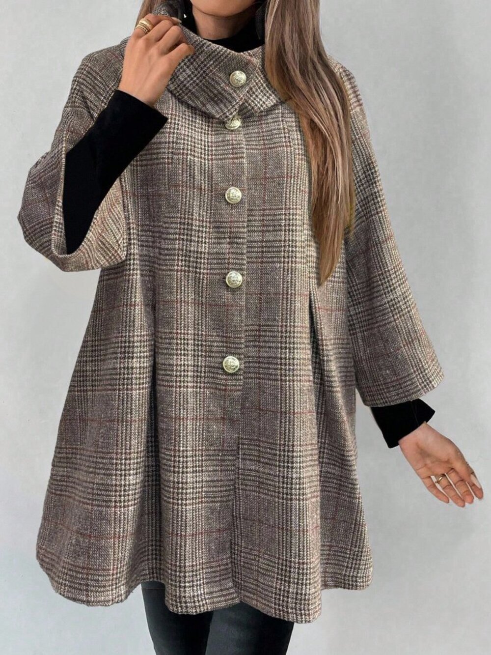 Grey Party Women's Plaid Single Breasted Raglan 3/4 Sleeve Jacket - Picture 6 of 7